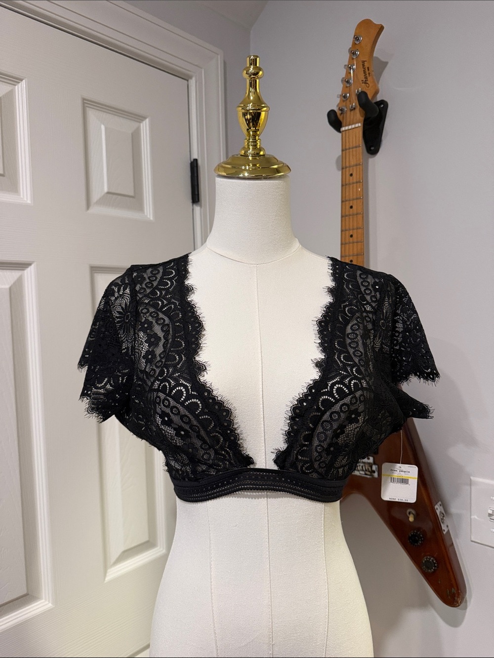 NWT Free People Sheer Black Lace Plunge Bralette with Flutter Sleeves